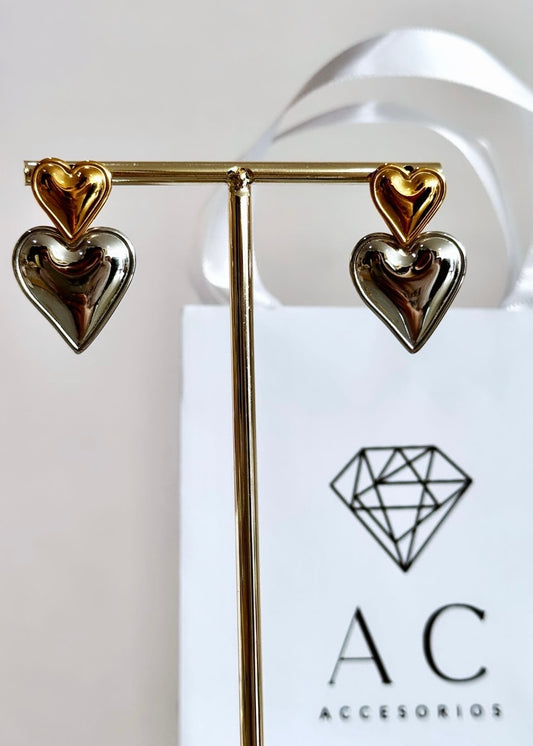 Aretes corazón dorado con plateado